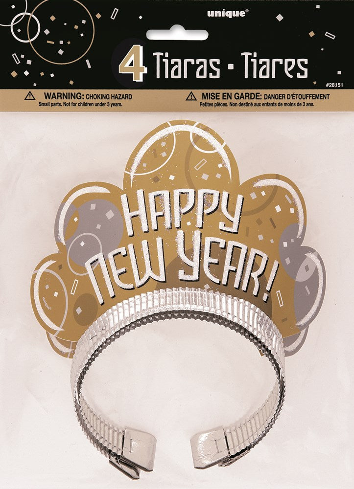 Silver glitter tiara featuring "Happy New Year!" text with stars and bubbly design accents.