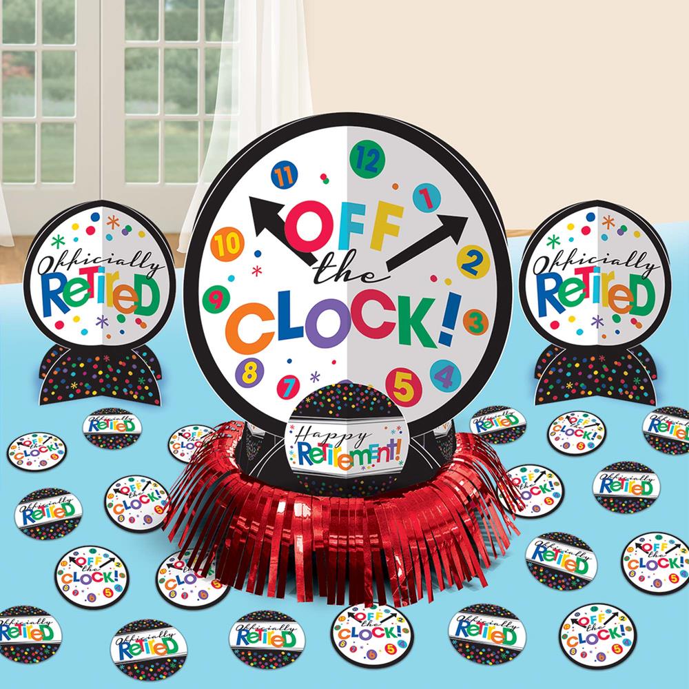 Round centerpiece sign with colorful numbers and "Off the Clock!" text, surrounded by matching circular confetti and two.