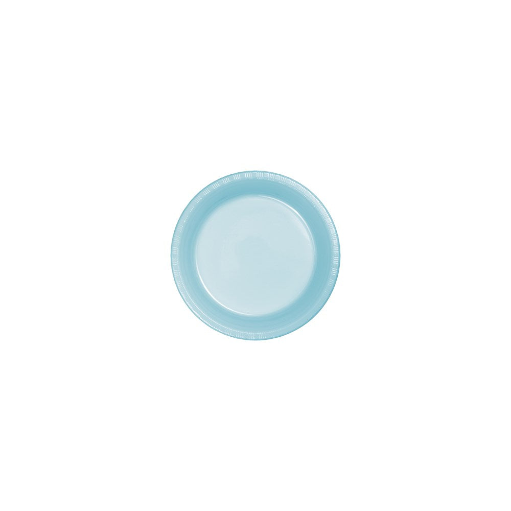 Round pastel blue plastic plate with smooth rim, 7-inch diameter, stackable design.