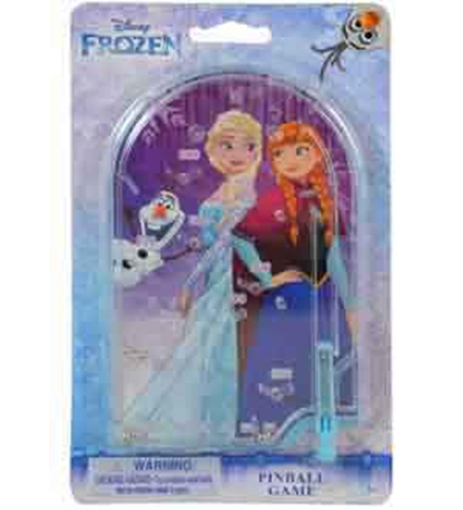 Small handheld pinball game with purple playfield featuring Elsa, Anna, and Olaf from Disney Frozen, encased in clear.