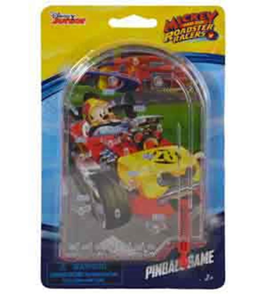 Mickey Mouse-themed tabletop pinball game with bright red, yellow, and black details in clear plastic packaging.