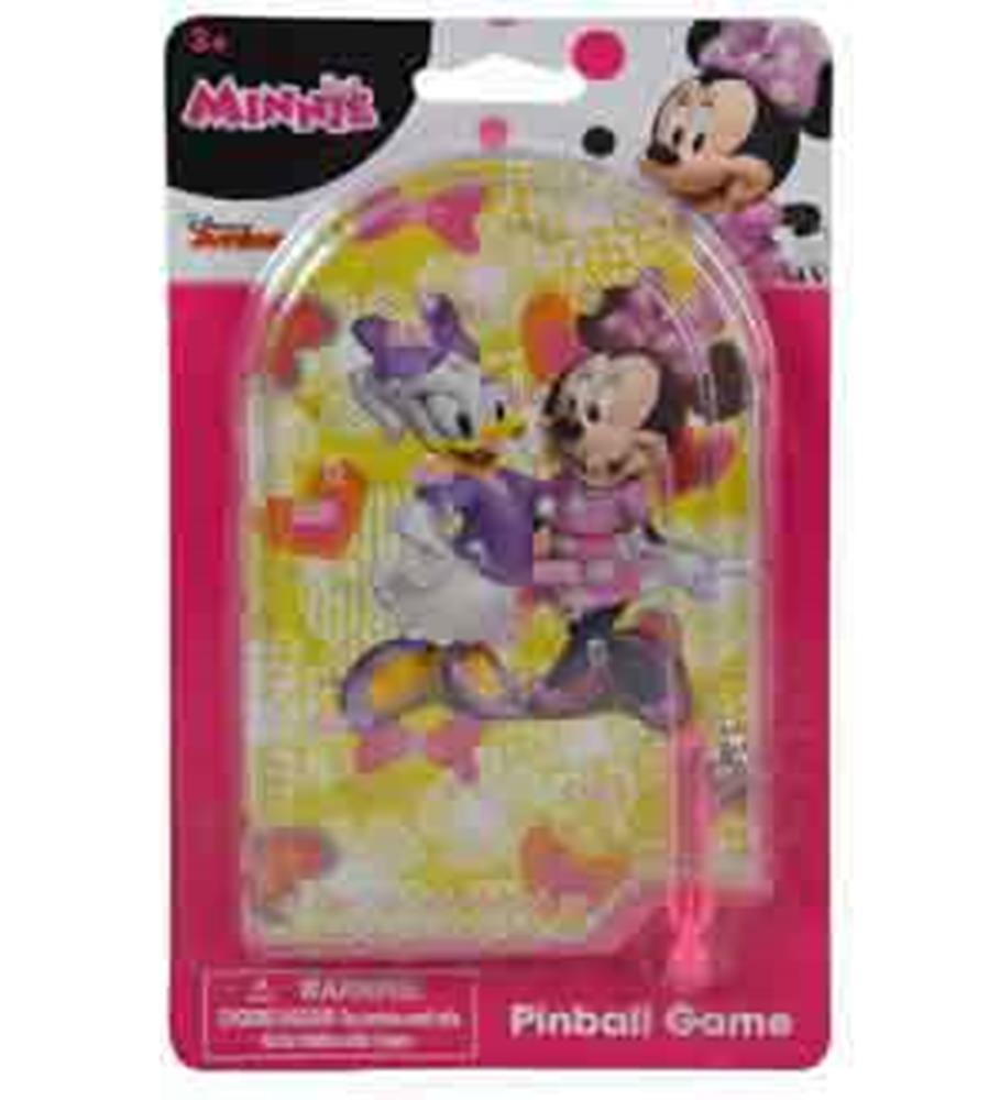 Compact handheld Minnie Mouse pinball game with clear plastic dome, colorful ball, and pink launching plunger.