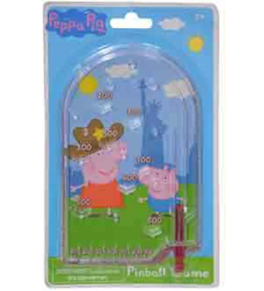 Peppa Pig pinball game with colorful cartoon characters and point targets in a clear plastic casing.