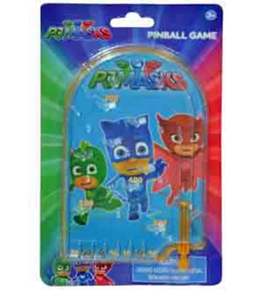 PJ Masks pinball game with curved plastic cover, blue background, and characters Catboy, Owlette, and Gekko on front.