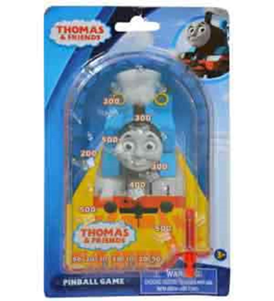 Thomas & Friends themed handheld pinball game with blue background and character graphics.