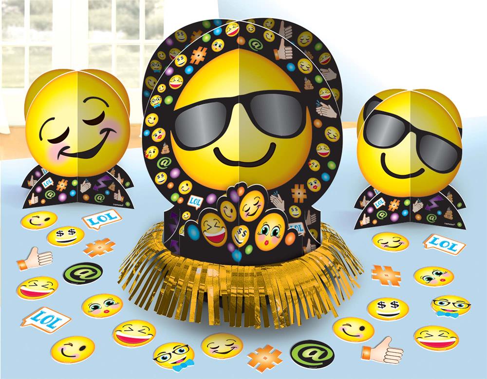 Colorful LOL Emoji table centerpiece kit with large emoji faces, gold fringe base, and scattered emoji cutouts.
