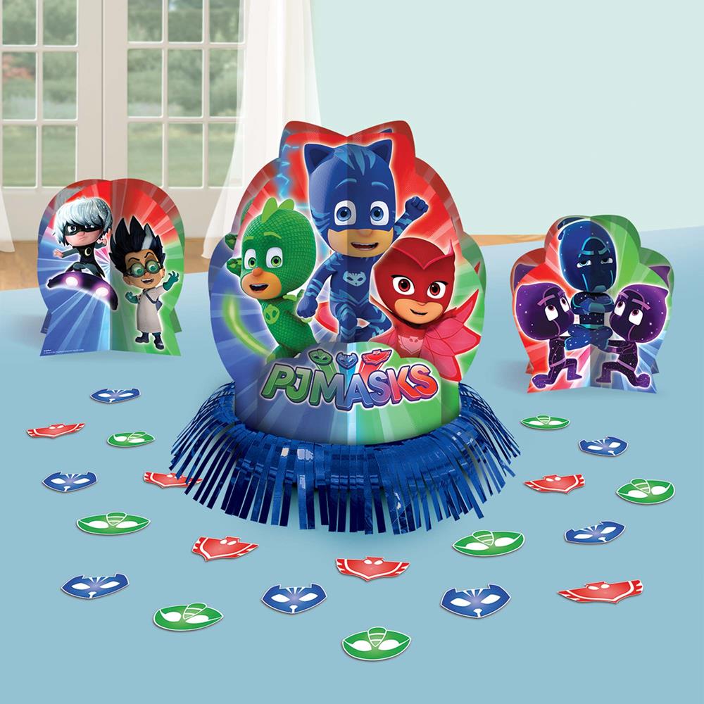 PJ Masks table centerpiece with Catboy, Owlette, and Gekko characters on a blue fringe base surrounded by matching confetti.