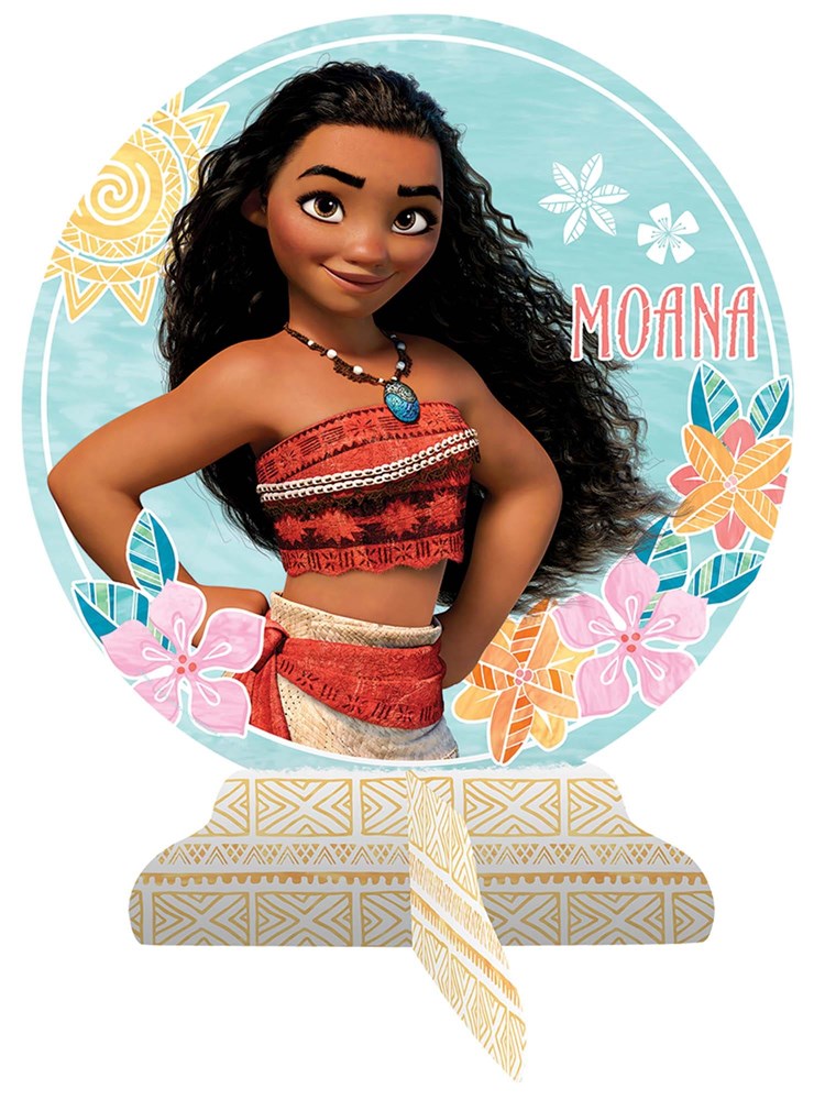 Round Moana-themed table centerpiece featuring Moana in red and beige outfit with a blue necklace, surrounded by tropical.