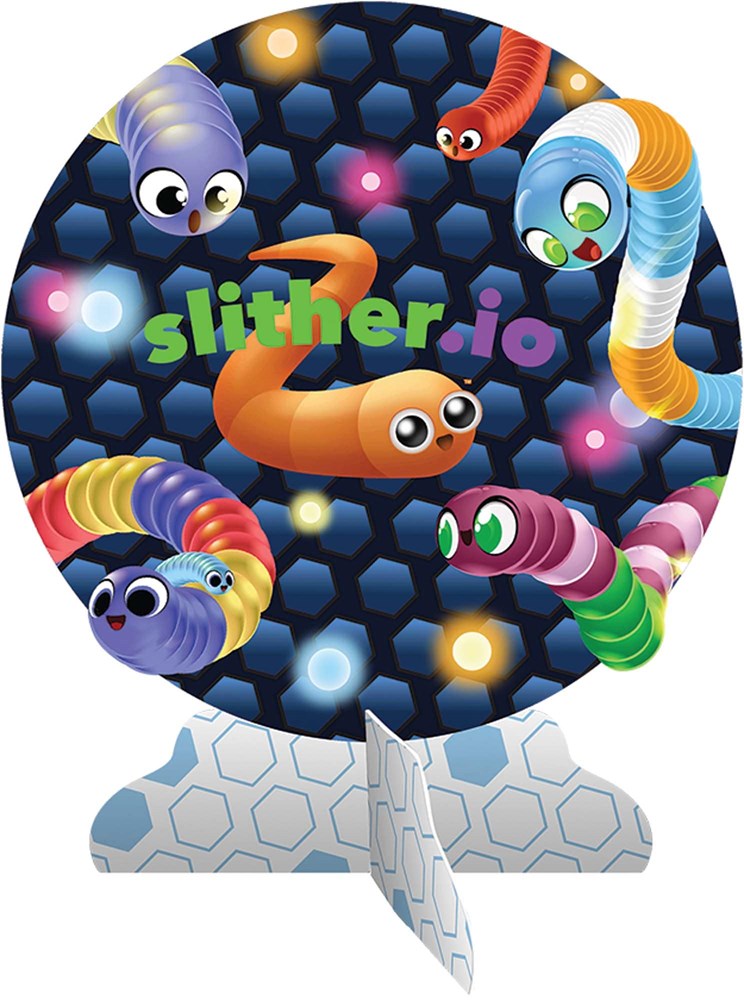 Colorful cartoon snakes with expressive eyes on a round Slither.io themed paper centerpiece.