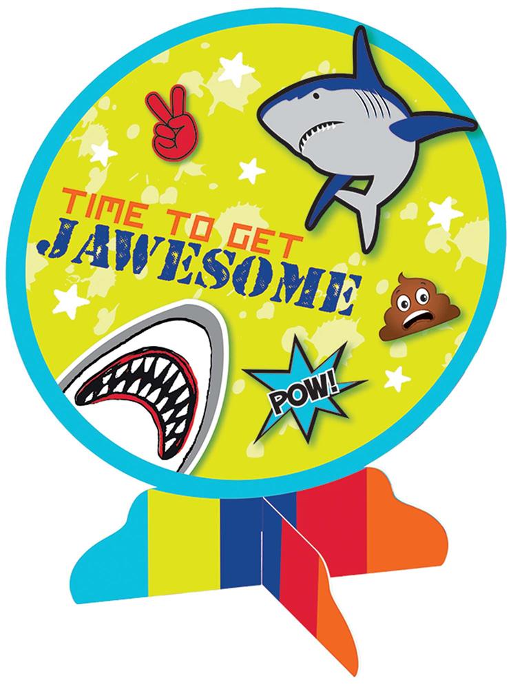 Bright yellow circular centerpiece with playful shark and emoji designs, colorful 3D stand base.