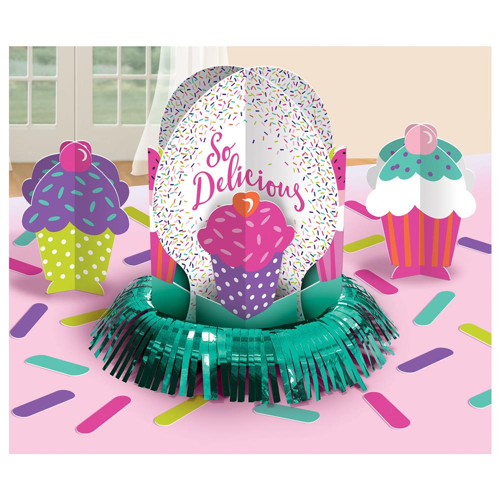 Colorful cupcake-shaped centerpiece with teal fringe base and "So Delicious" text on speckled backdrop.