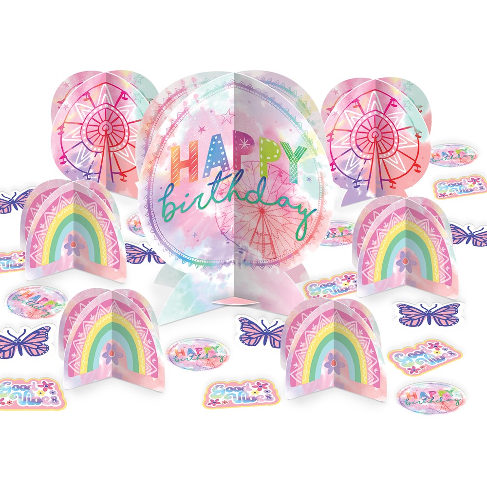 Colorful birthday centerpiece kit with rainbow arches, pink ferris wheels, butterflies, and a "Happy Birthday" sign with a.