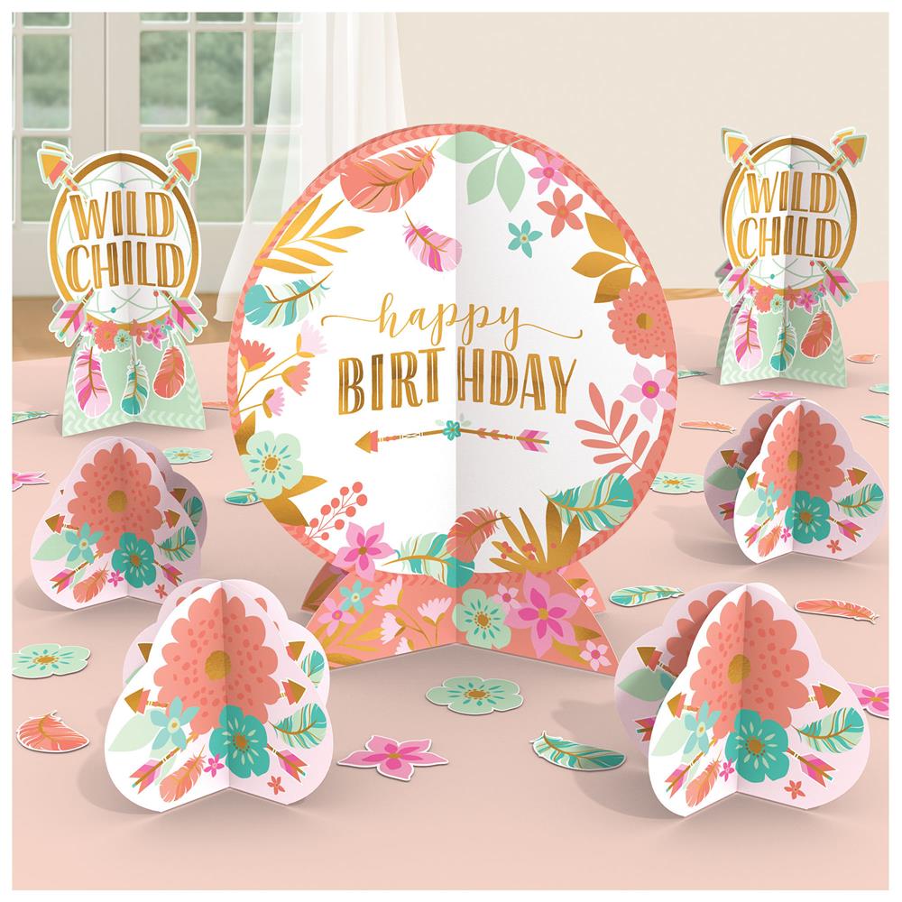 Floral boho-themed birthday table decor with "Happy Birthday" centerpiece and "Wild Child" toppers in pastel pink, orange,.