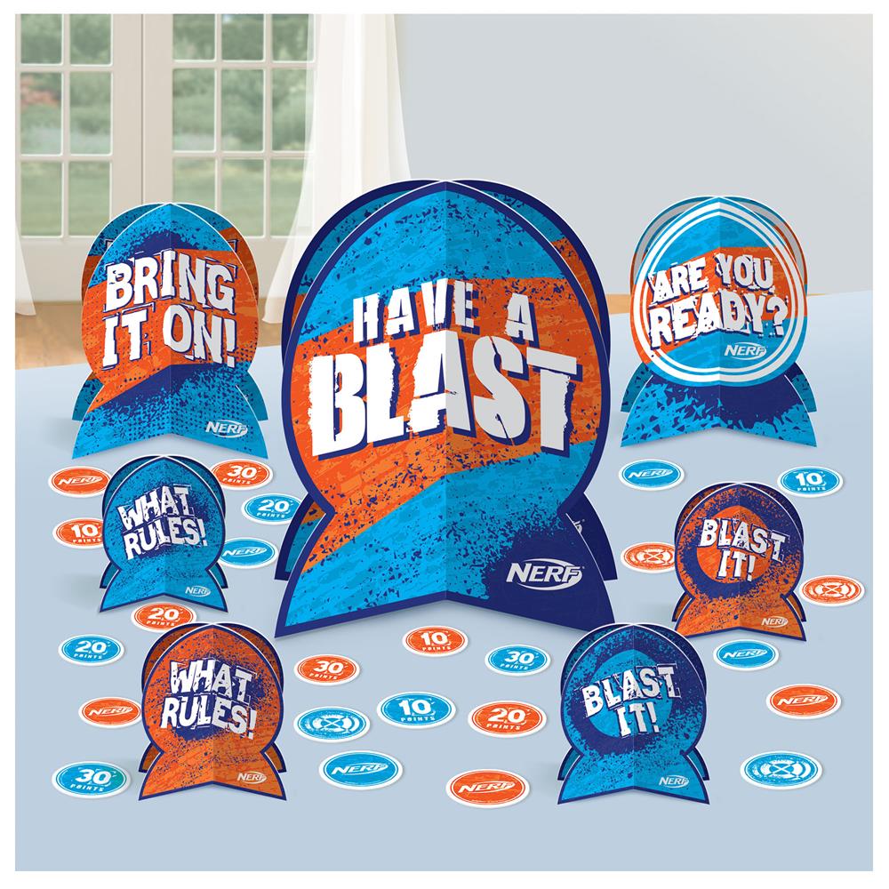 Colorful blue and orange Nerf-themed table decor with speech bubble shapes and scoring discs.