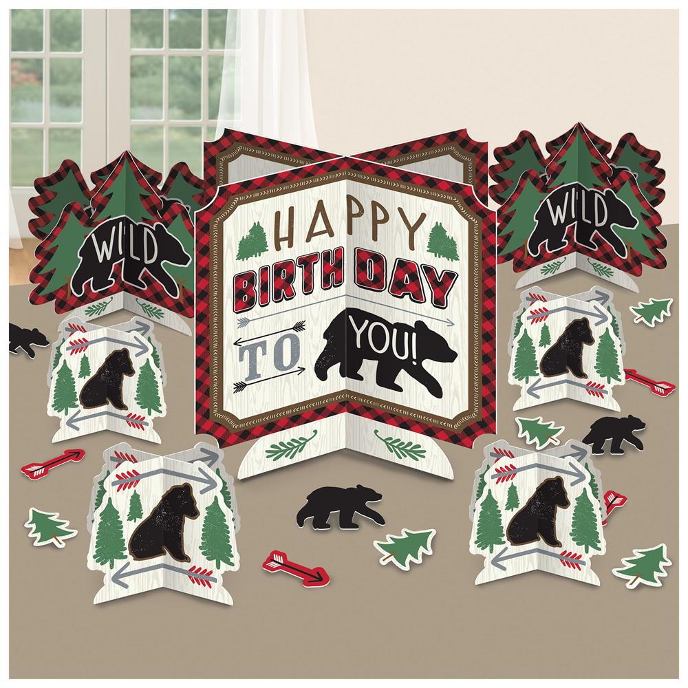 Rustic lumberjack-themed birthday table kit with forest and bear cutouts in green, red, black, and white colors.