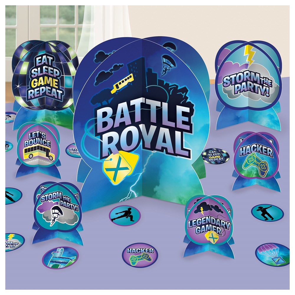 Colorful Battle Royal centerpiece with superhero icons and gaming phrases on round cutouts and shield-shaped signs.