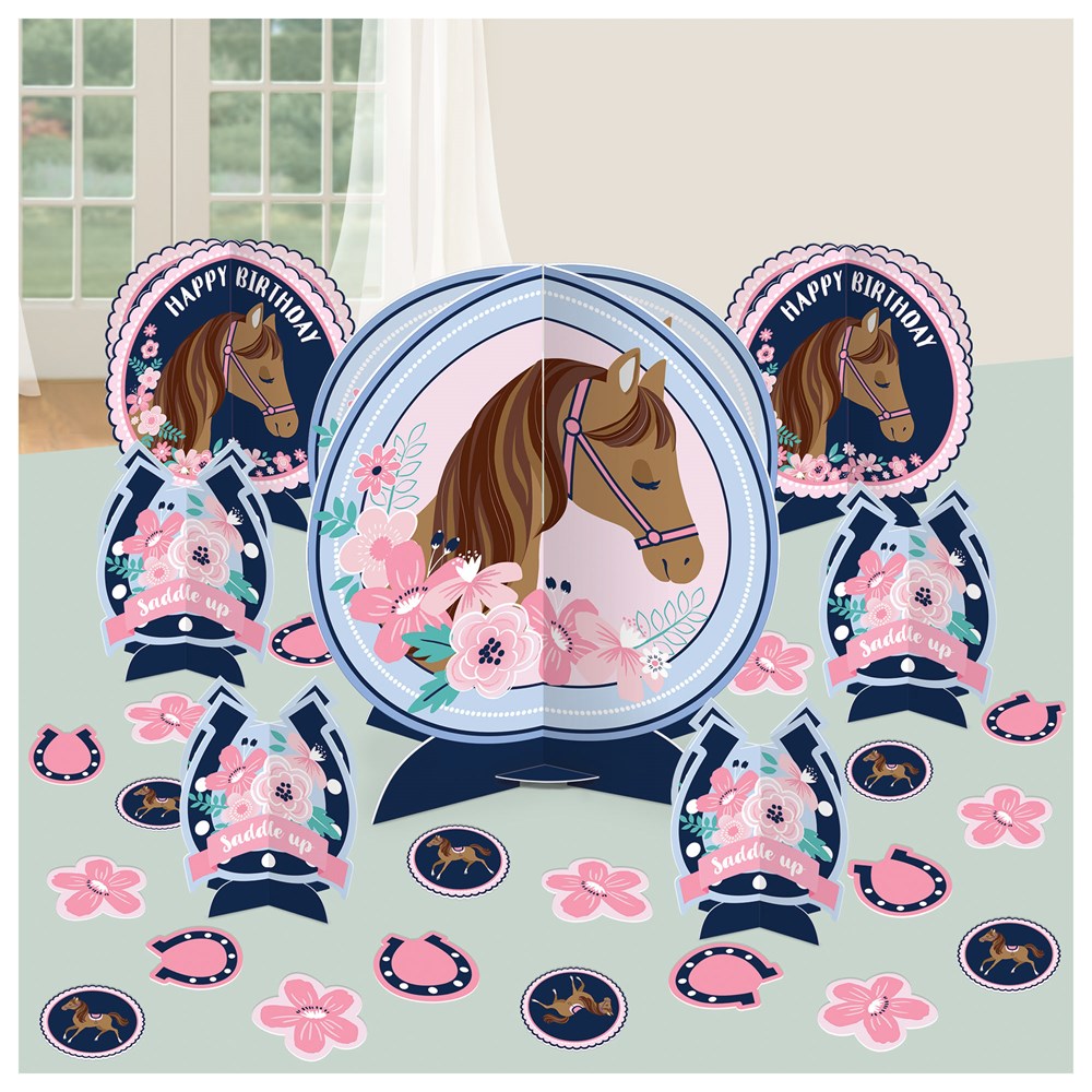 Horse-themed table centerpiece kit with pink and blue floral accents and "Happy Birthday" banners.