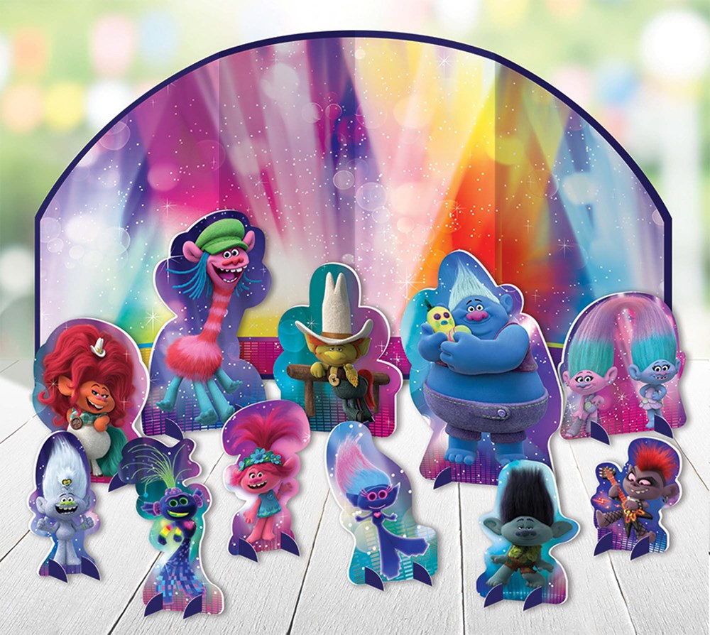 Colorful Trolls World Tour table decoration kit with 11 character cutouts and a vibrant rainbow backdrop.