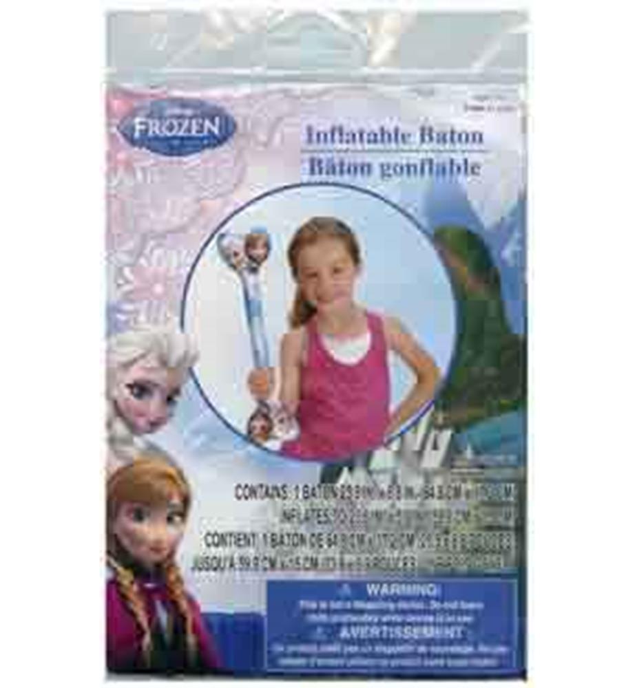 Clear inflatable baton with blue and silver Frozen-themed design featuring Elsa and snowflakes, packaged in a resealable bag.