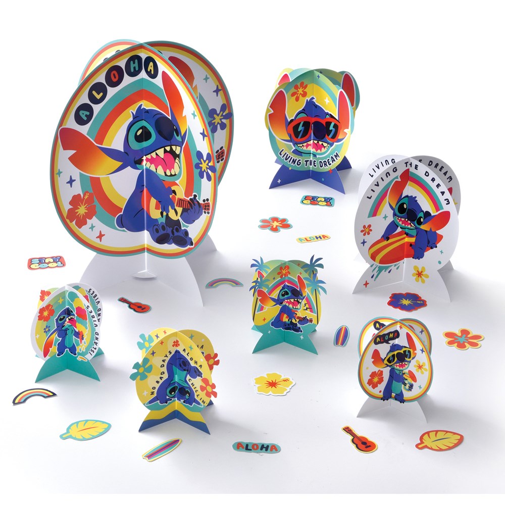 Colorful Stitch-themed paper table centerpieces and decorations featuring playful poses and Hawaiian motifs.