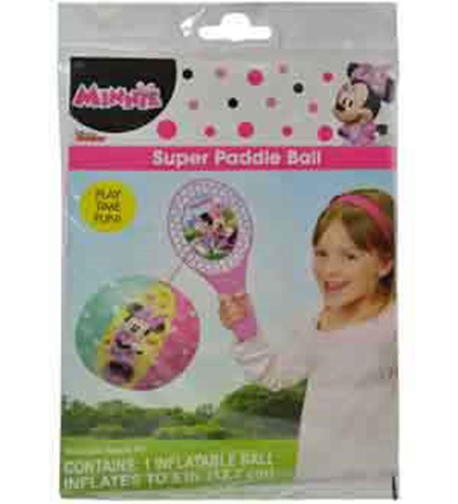 Pink inflatable paddle with Minnie Mouse design and matching inflatable ball in clear plastic packaging.