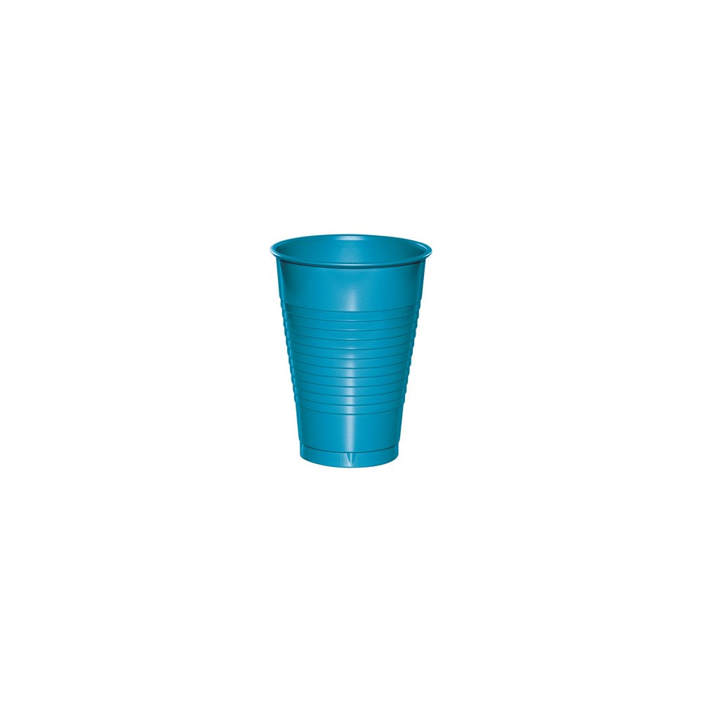 Set of stacked turquoise plastic cups with 12oz capacity, smooth and ridged sides.