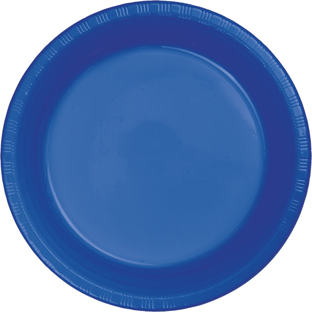 Round 7-inch cobalt blue plastic plate with smooth center and textured rim.