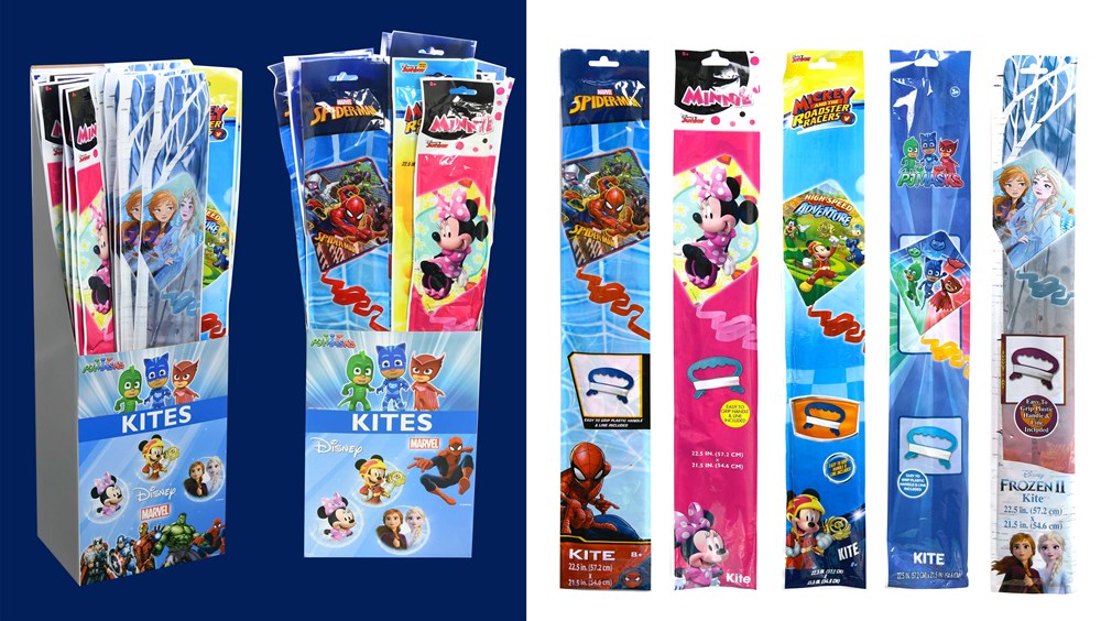 Colorful 23-inch kites with white frames, displayed in clear printed bags featuring assorted cartoon license designs.