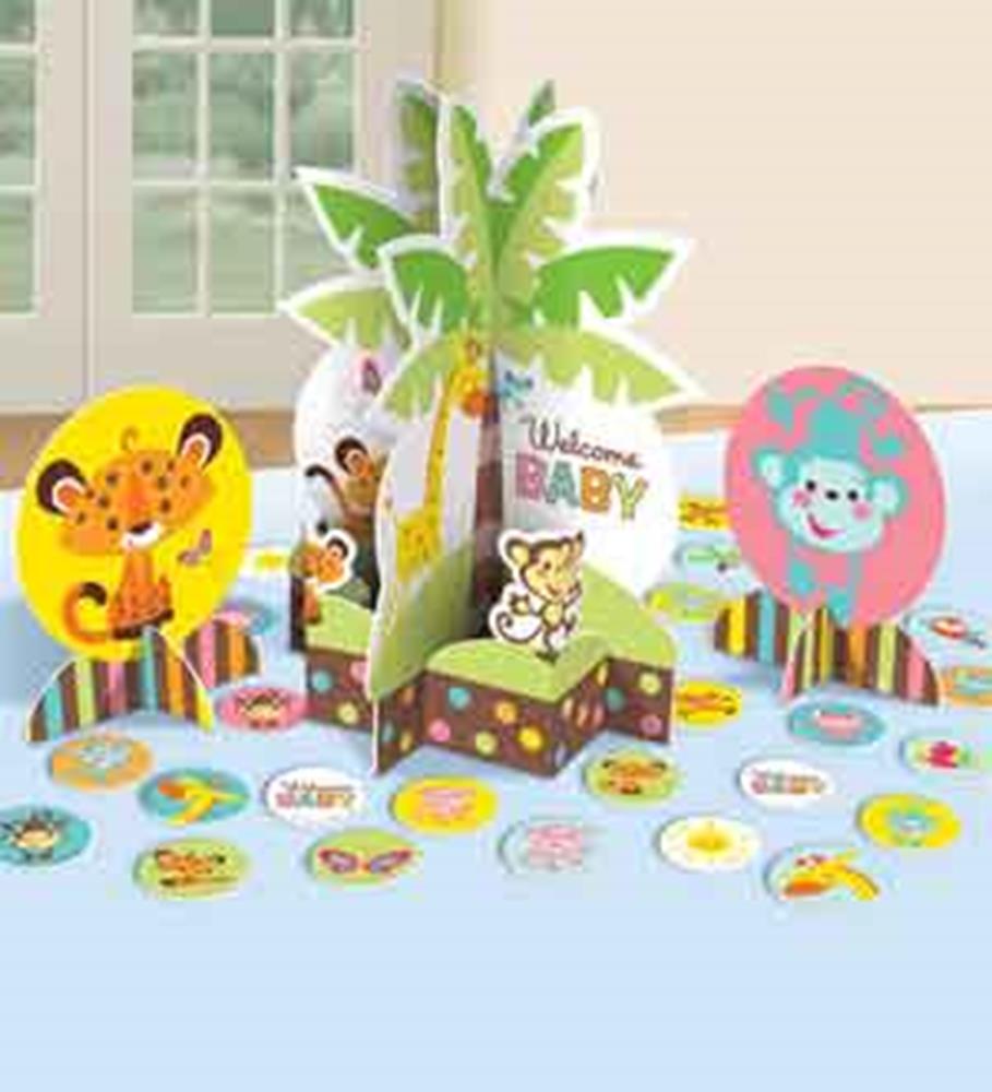 Colorful Fisher Price baby table decoration kit with jungle animals, palm tree, and welcome sign.