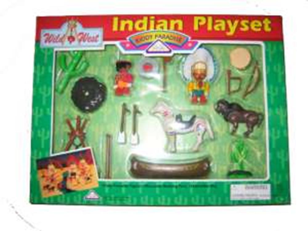 Wooden Indian play set with painted figurines, animals, canoe, bows, and arrows in green box.