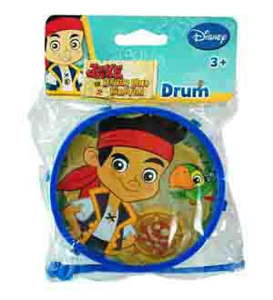 Round plastic drum toy featuring Jake from Jake and the Neverland Pirates with blue rim and colorful character designs.