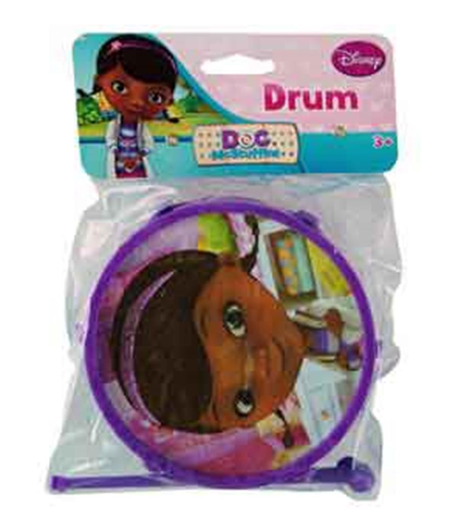 Small round purple drum featuring Doc Mcstuffins character graphic on the drumhead, packaged in clear plastic.