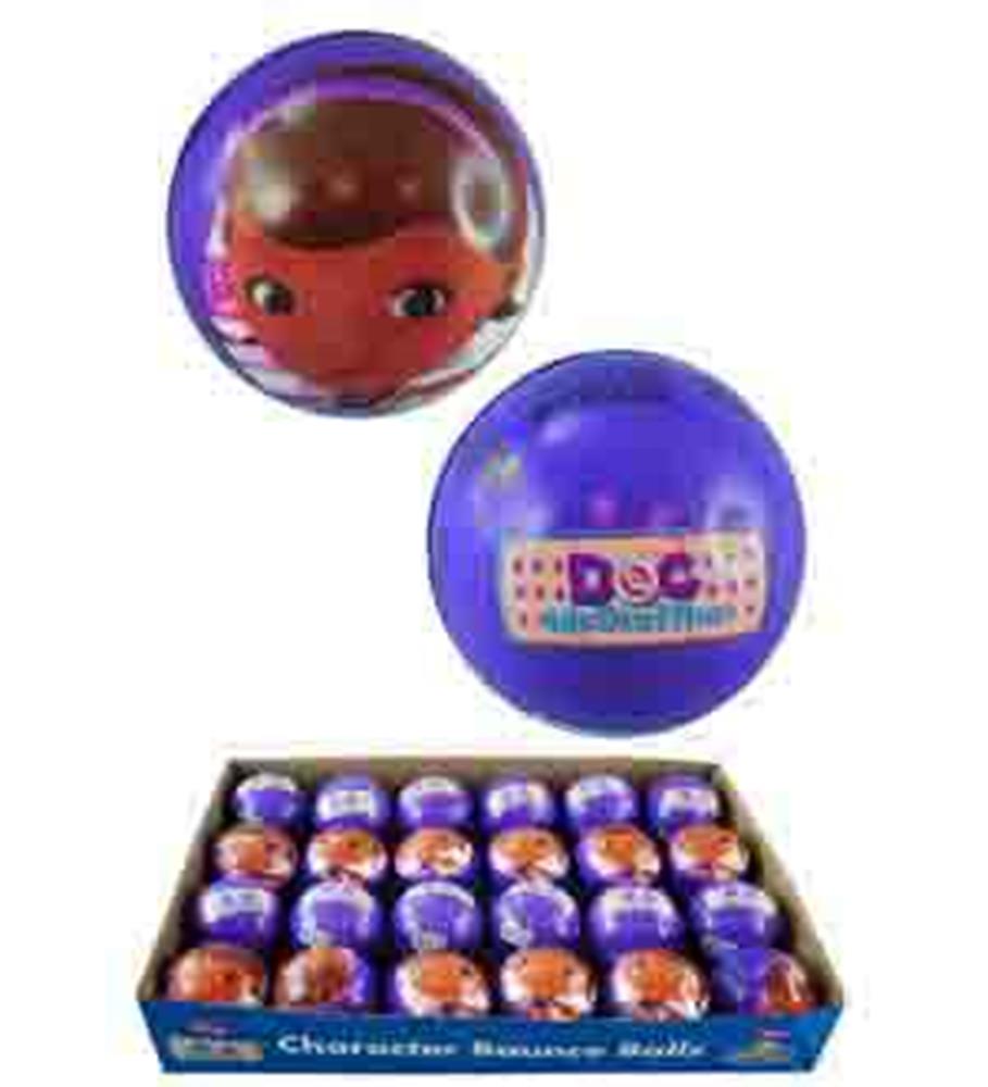 Small round ball with Doc McStuffins character face and blue background, plastic material.