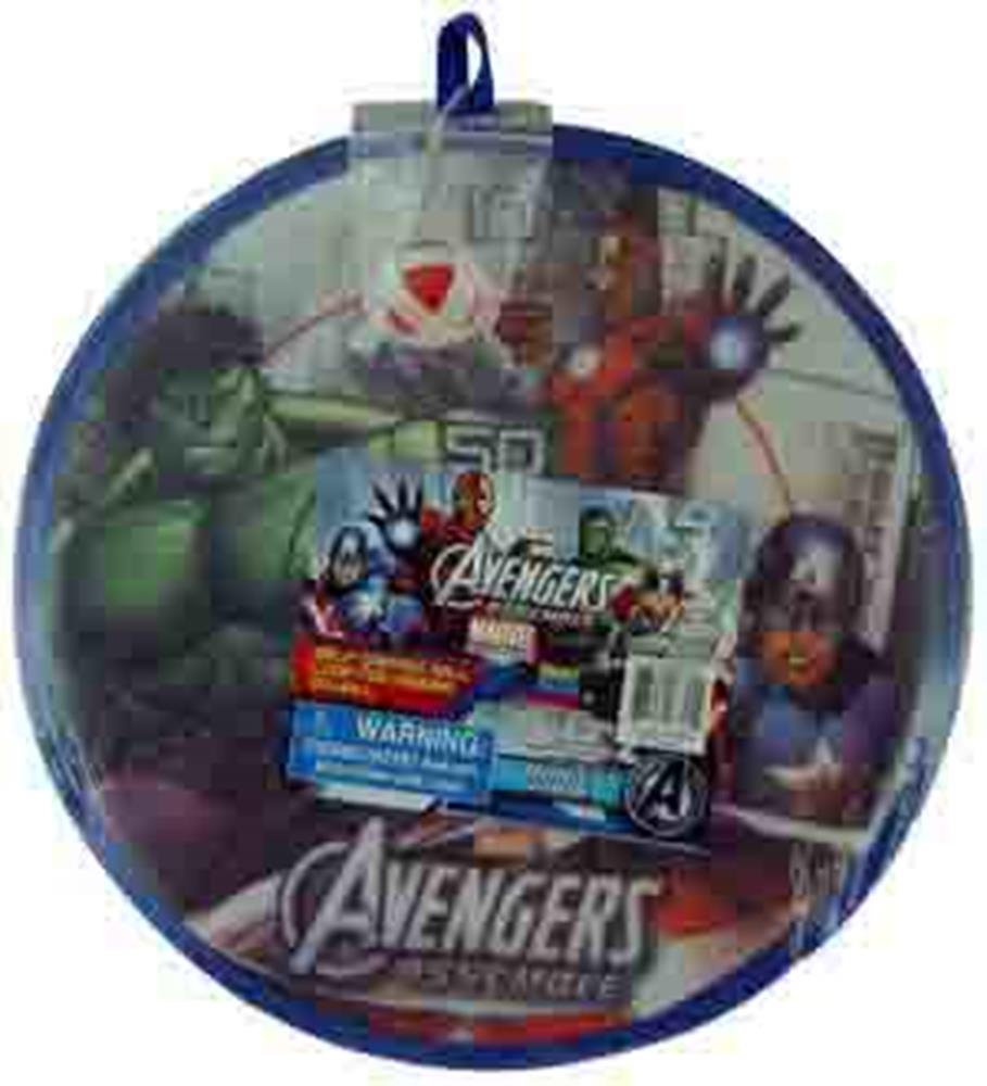The Avengers Velcro dartboard featuring Hulk, Iron Man, and Captain America with blue border and hanging loop.