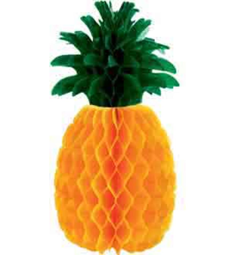 Bright yellow honeycomb paper pineapple centerpiece with green paper leaves on top.