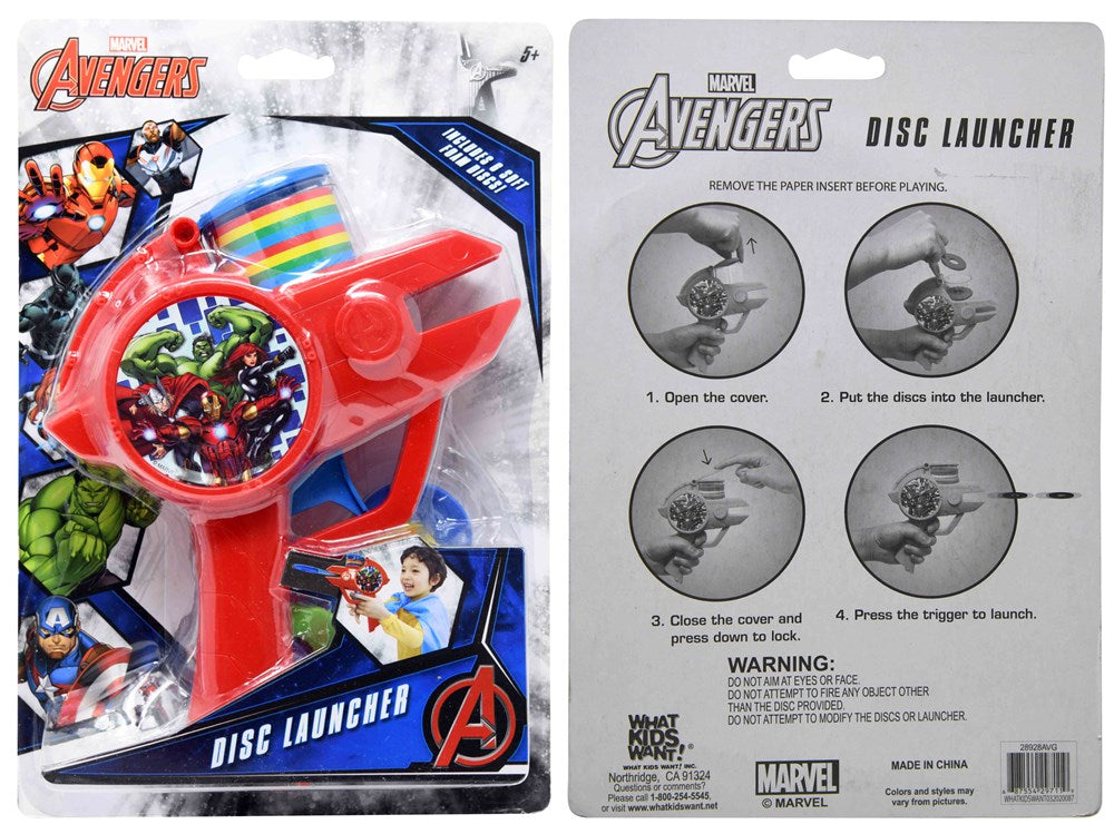 Red plastic Avengers-themed foam disc launcher with a disc loaded in front and comic superhero graphics on the packaging.
