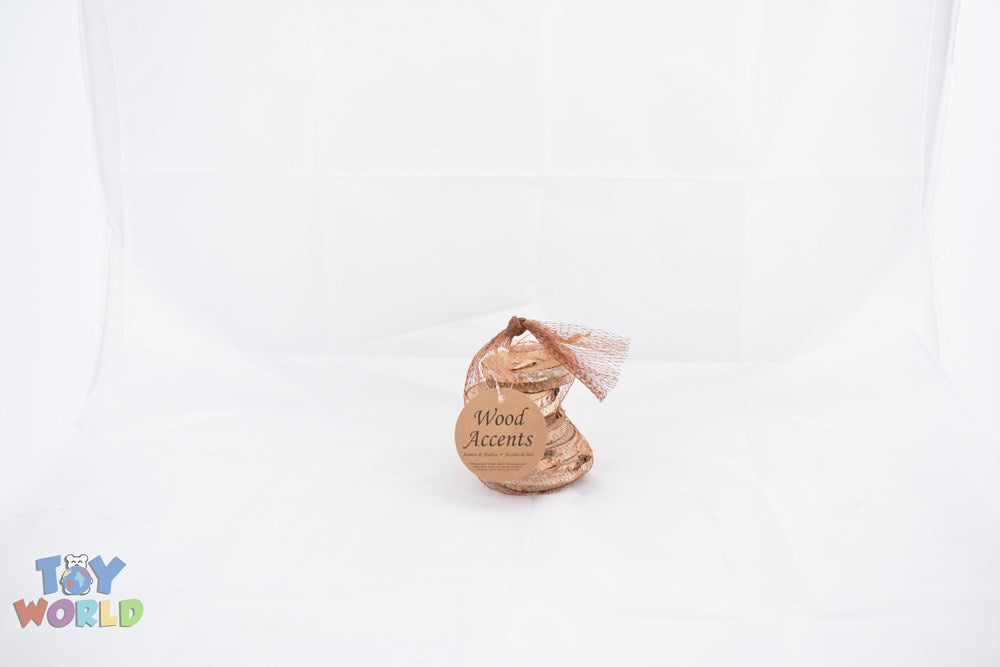 Set of 12 natural round wood slices with visible tree rings, packaged in a clear bag with twine tie and wooden tag.