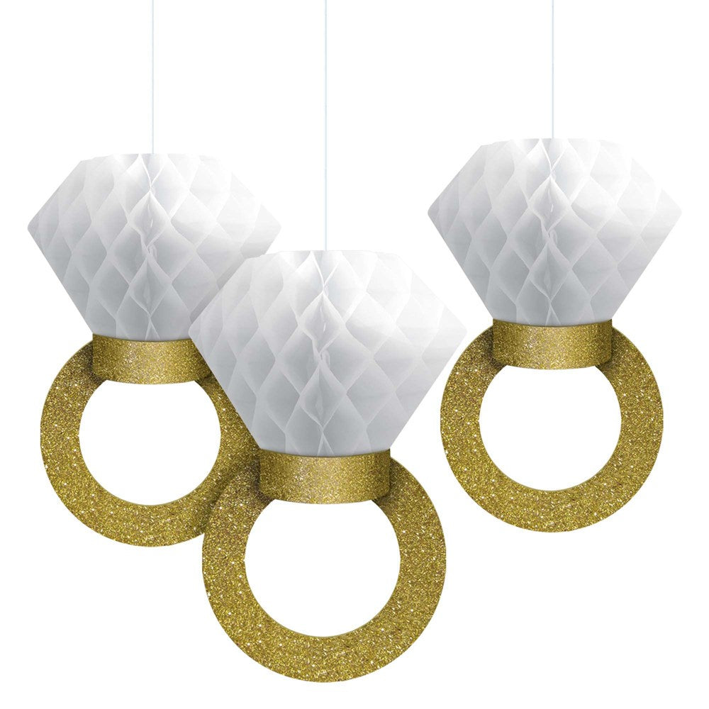 White honeycomb paper rings with gold glitter band and circular base, hanging decoration set of three.