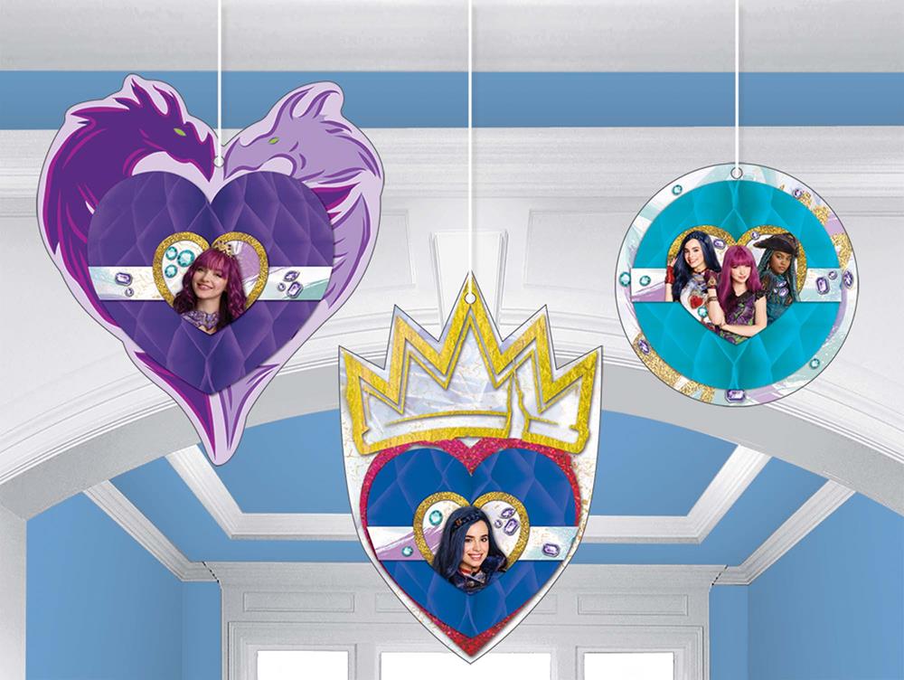 Three hanging Descendants 2 themed birthday decorations in purple heart, gold crown, and blue circular shapes featuring.