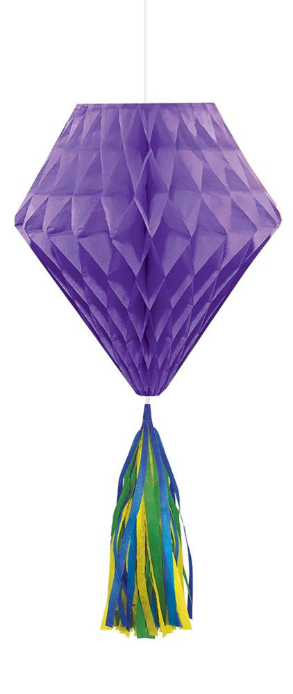 Purple diamond-shaped tissue paper tassel ball with multicolored blue, green, and yellow tassels hanging below.