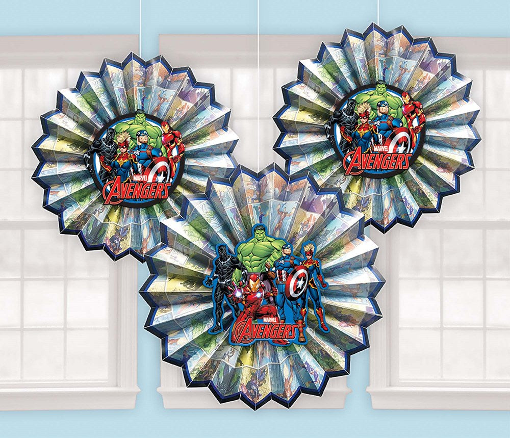 Set of three circular paper fans with scalloped edges, featuring Marvel Avengers characters in vibrant colors and "Avengers"