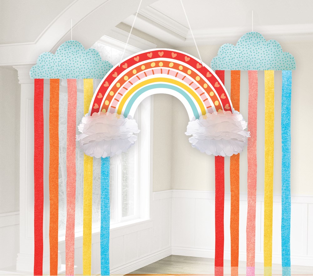 Hanging decoration kit with retro rainbow arch featuring red, orange, yellow, and blue stripes, fluffy white cloud accents,.