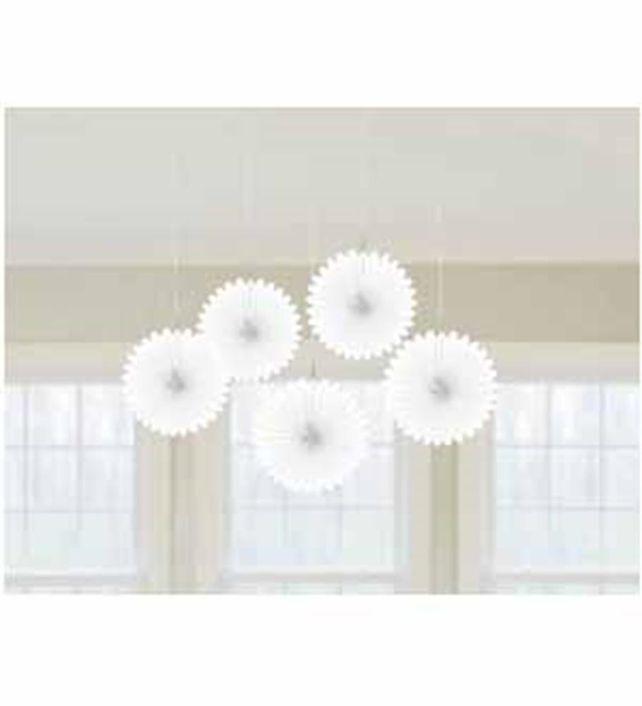 Set of five white 6-inch hanging paper fans with scalloped edges against a neutral background.