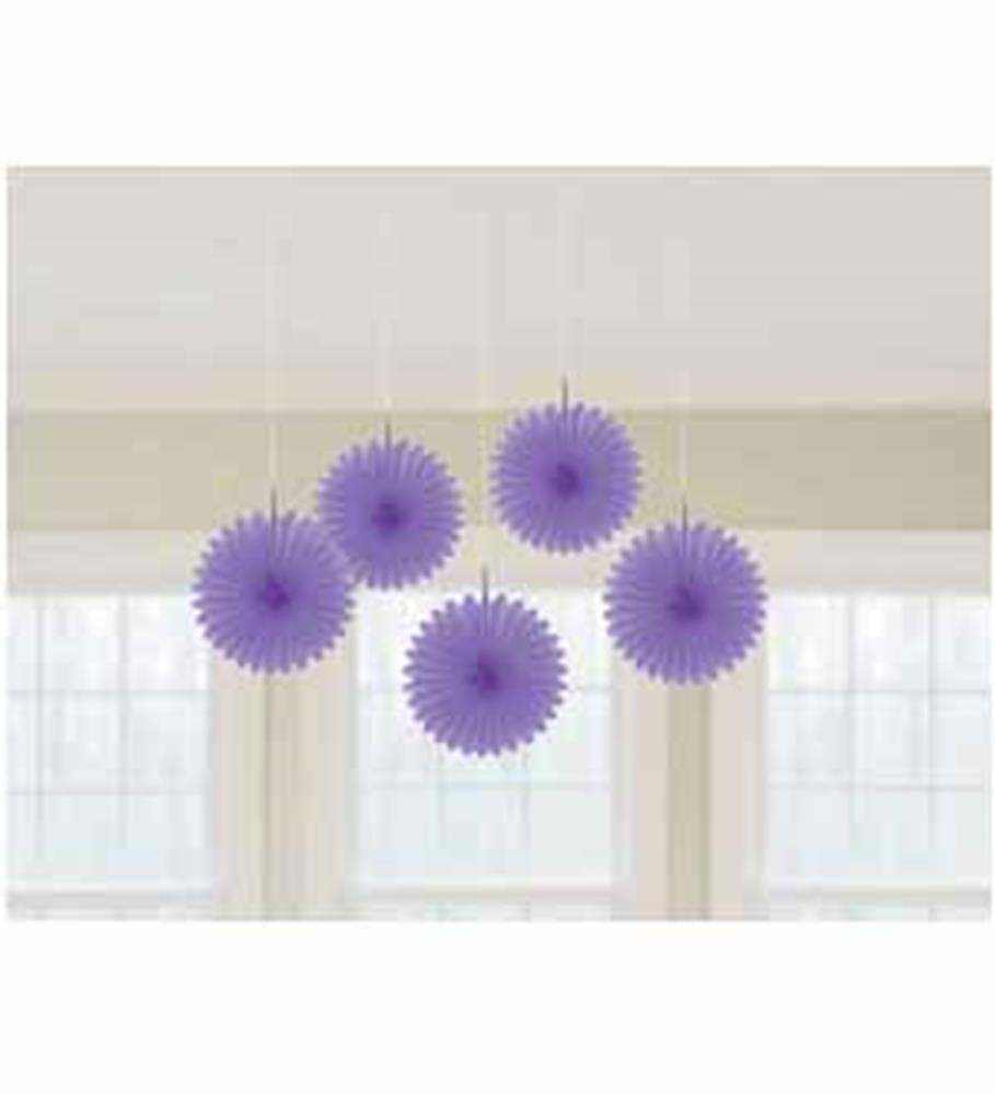 Set of five purple mini hanging fan decorations with pleated paper design and string for hanging.