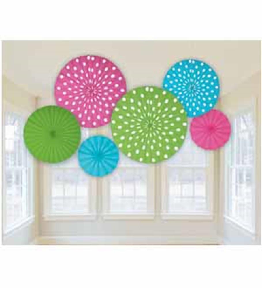 Set of six hanging paper fans in pink, blue, and green with white polka dots and solid patterns.