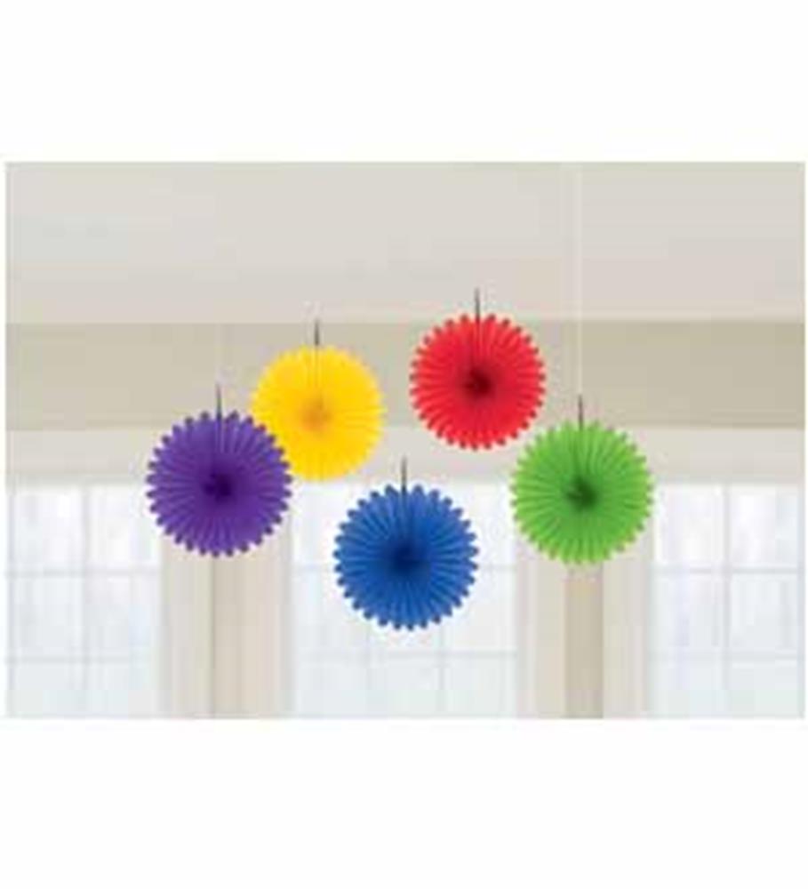 Five colorful mini hanging paper fans in purple, yellow, red, blue, and green with scalloped edges.
