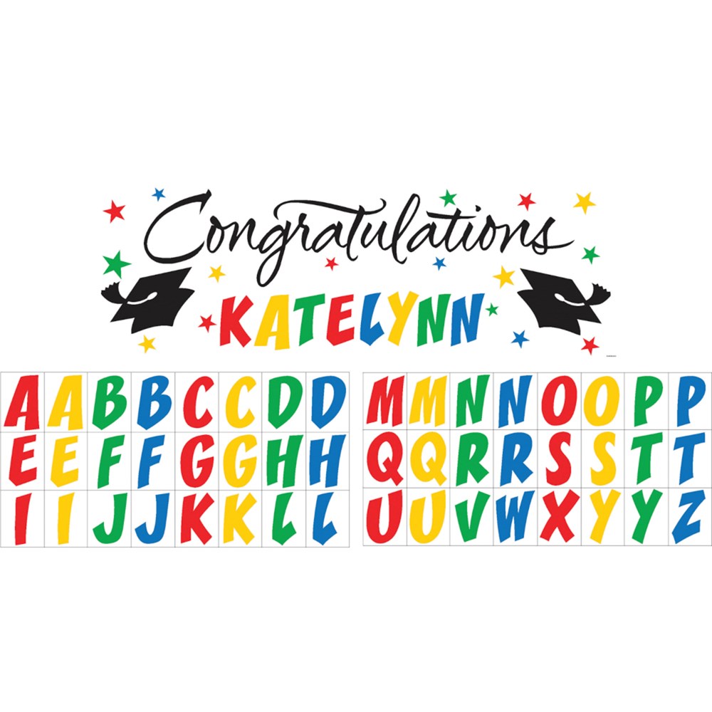 Colorful giant graduation party banner with "Congratulations Katelynn" text, black graduation caps, and multicolored.