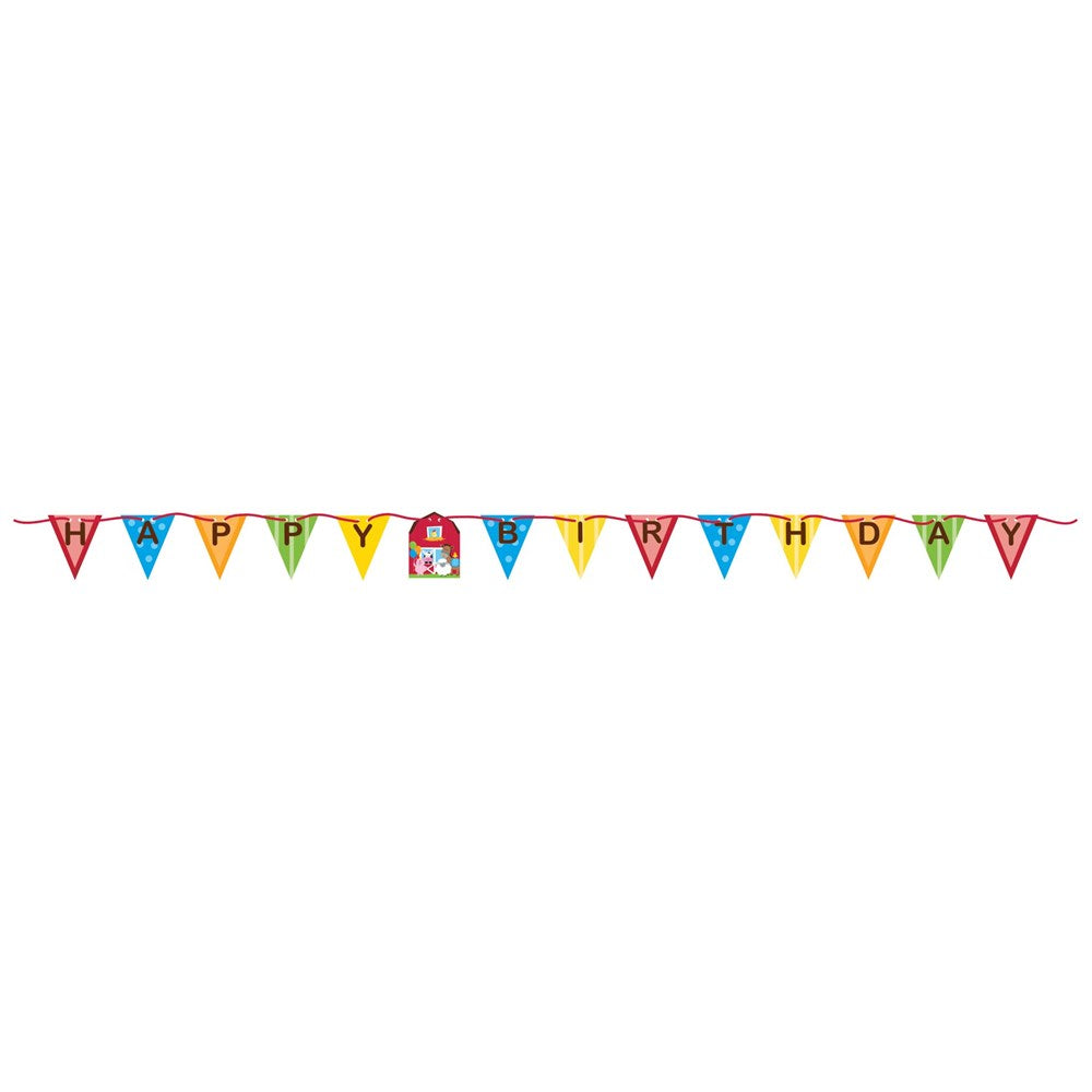 Colorful triangular banner flags spelling "Happy Birthday" with farm-themed designs on string.