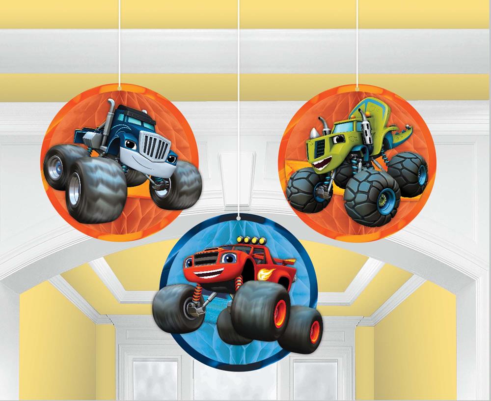 Set of three Blaze Monster Machines hanging round decorations featuring blue, green, and red monster trucks on colorful.