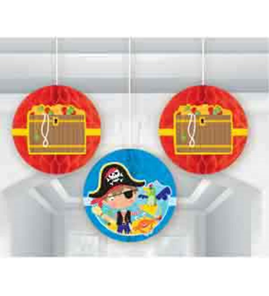 Set of three hanging paper honeycomb decorations; two red circles with treasure chests and one blue circle featuring a.